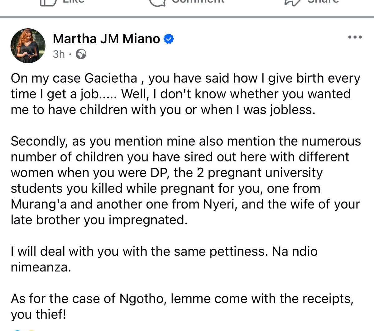 NytoP2PMwangi's tweet image. Martha Miano, a former Senior Director in charge of Public Communication in the Office of the Deputy President, claims that her then boss, Rigathi Gachagua, impregnated a 22-year-old Electrical Engineering student at Dedan Kimathi University of Technology (DeKUT) in Nyeri named