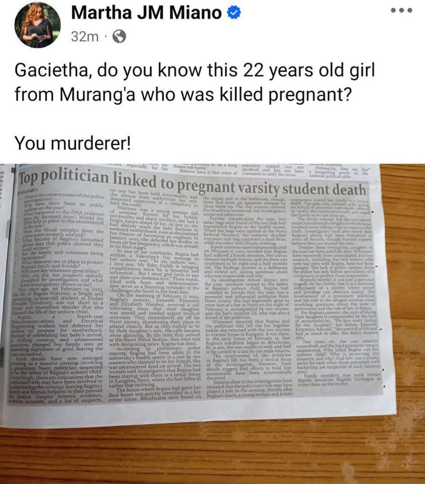 NytoP2PMwangi's tweet image. Martha Miano, a former Senior Director in charge of Public Communication in the Office of the Deputy President, claims that her then boss, Rigathi Gachagua, impregnated a 22-year-old Electrical Engineering student at Dedan Kimathi University of Technology (DeKUT) in Nyeri named