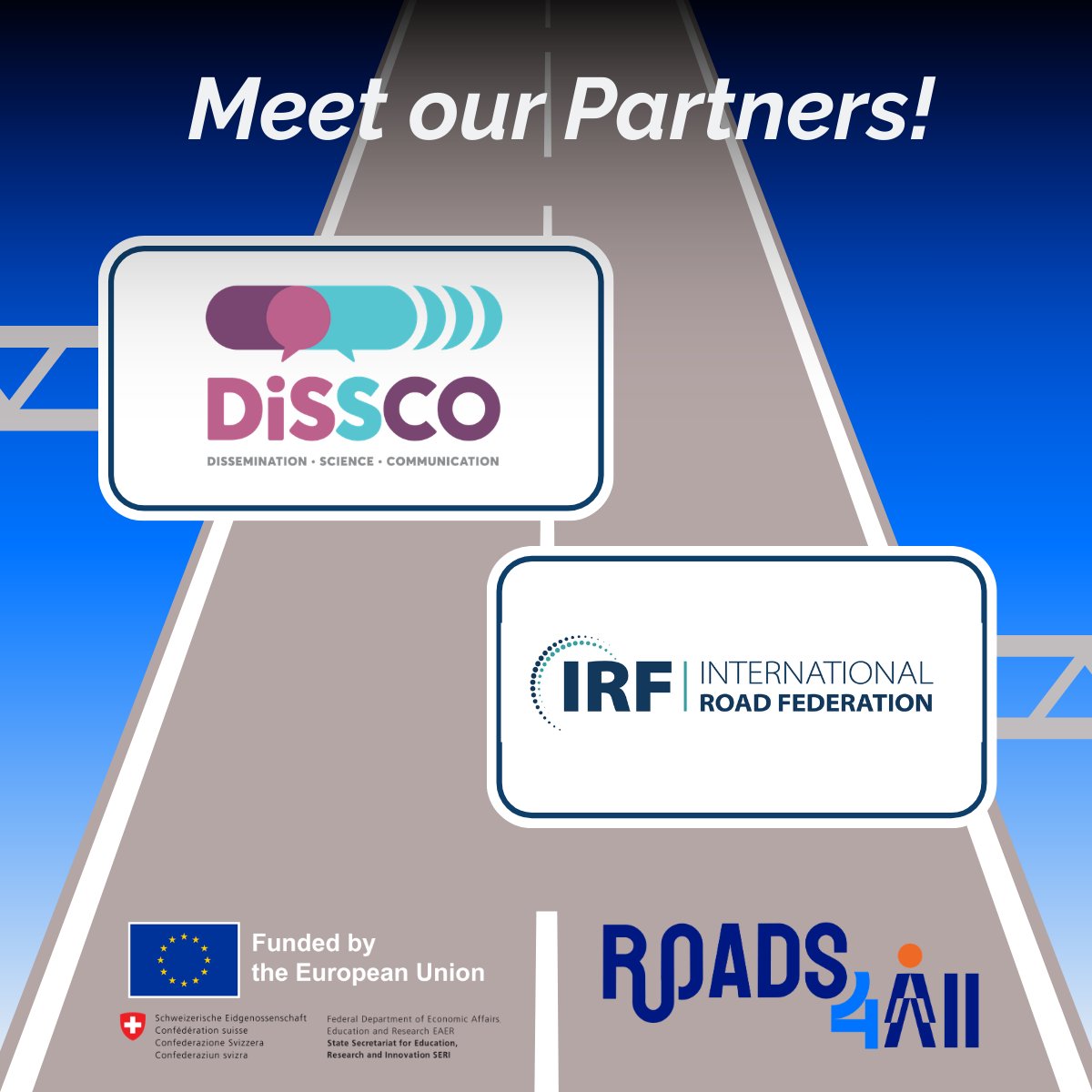 💥 Meet the partners | Roads4All
🎭 DISSCO - creative &amp; cultural engagement for awareness and stakeholder dialogue.

🌍 IRF - global road safety network extending outreach across 130+ countries
Connecting science, society &amp; international expertise for safer roads

#Roads4All