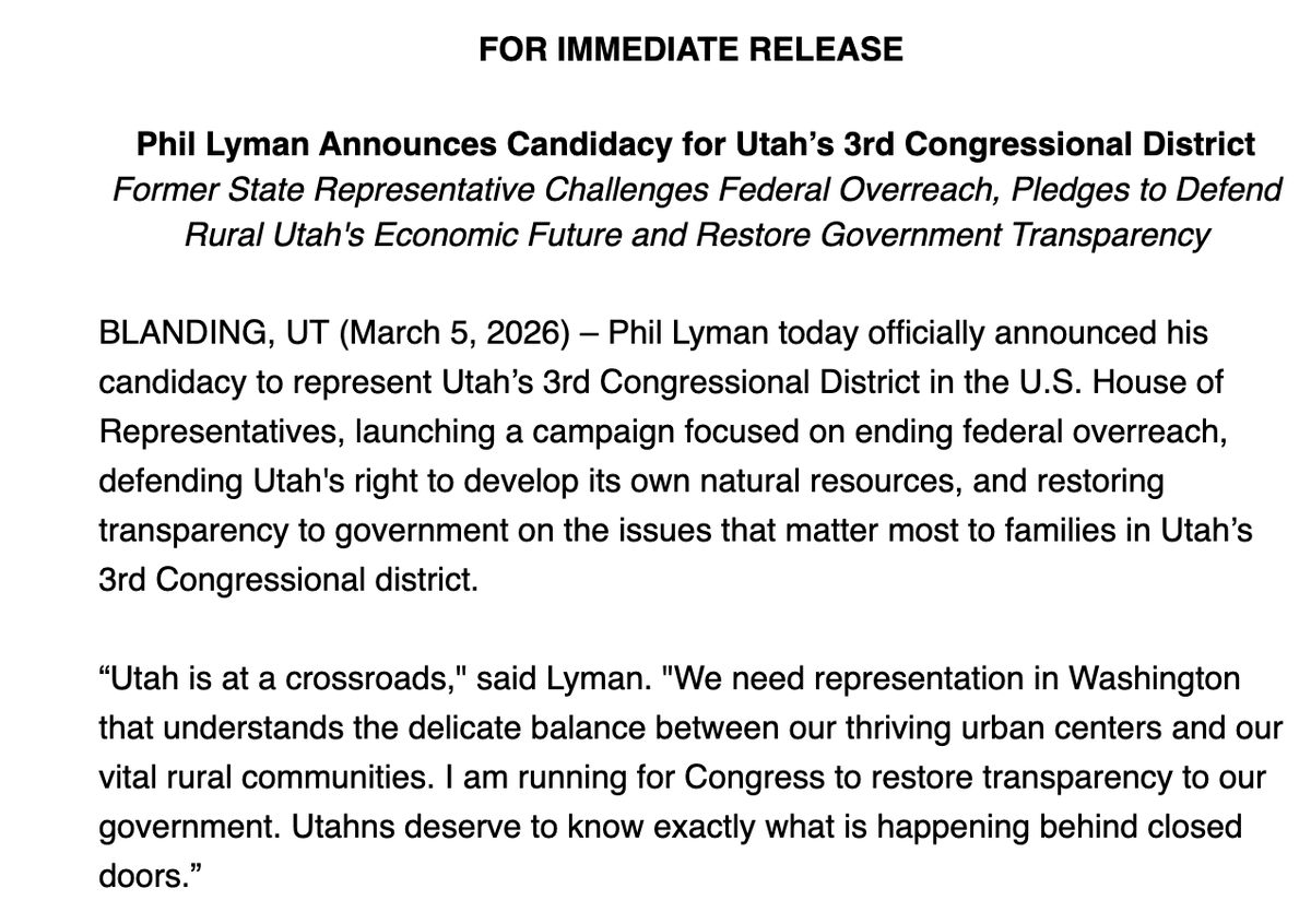 BrighamTomco's tweet photo. BREAKING: Phil Lyman announces he will run for Congress in Utah's new 3rd District which covers all of eastern &amp; southern Utah. @Deseret News 1st reports Rep. Celeste Maloy plans to run in the district as an incumbent. @cami_mondeaux  https://t.co/0bsP8yQA0i https://t.co/tKfZuPV6iW