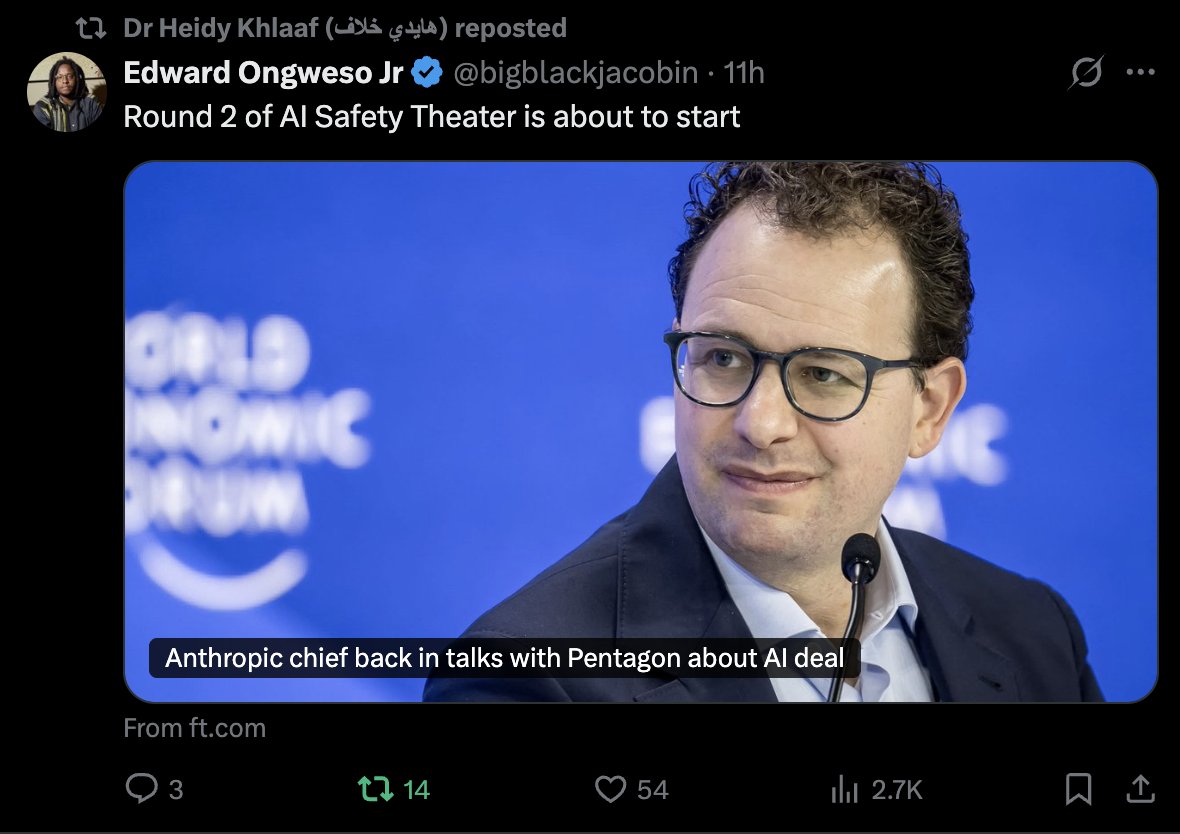 - Anthropic was willing to work with the military in the first place.
- Dario has explicitly said he's not opposed to lethal autonomous weapons.
- Anthropic is now back in talks with the Pentagon about an AI deal.

Seriously, what is wrong with Rutger? Is it willful ignorance?
