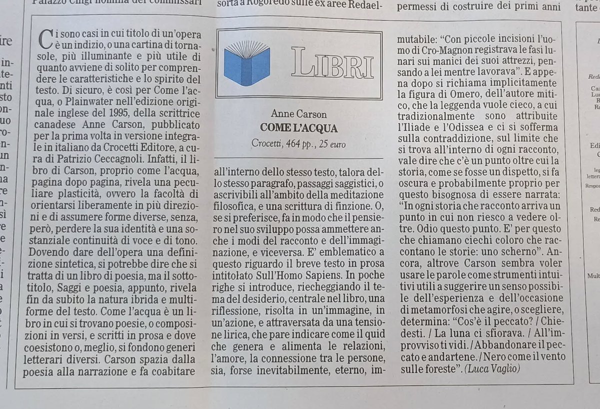 Su <a href="/ilfoglio_it/">Il Foglio</a>  scrivo di "Come l'acqua" di Anne Carson, pubblicato da <a href="/crocettieditore/">crocettieditore</a>, a cura di Patrizio Ceccagnoli #poesia