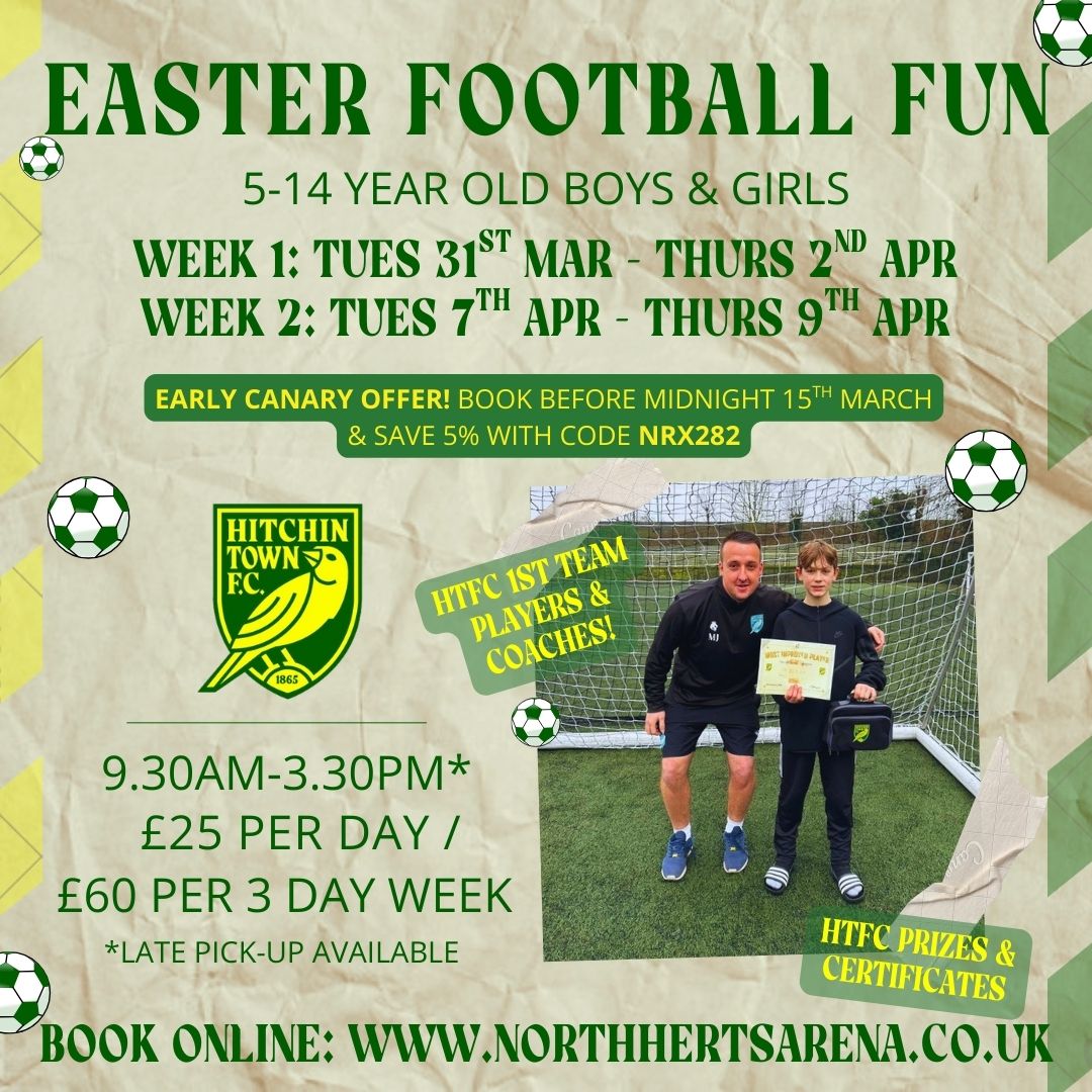 The_Arena_HTCFC's tweet photo. @HitchinTownFC Easter Fun Camps are OPEN! 🐣

⚽ Football Fun Camp – The Arena, Baldock
 🌟 Multi-Activity Camp – Preston Primary, Hitchin
👧👦 Ages 4–14| All abilities welcome

🎉 Early Canary Offer – Save 5% - Use code NRX282 before midnight 15 March

https://t.co/MyTOZmLl00 https://t.co/LPqFlEMq9r