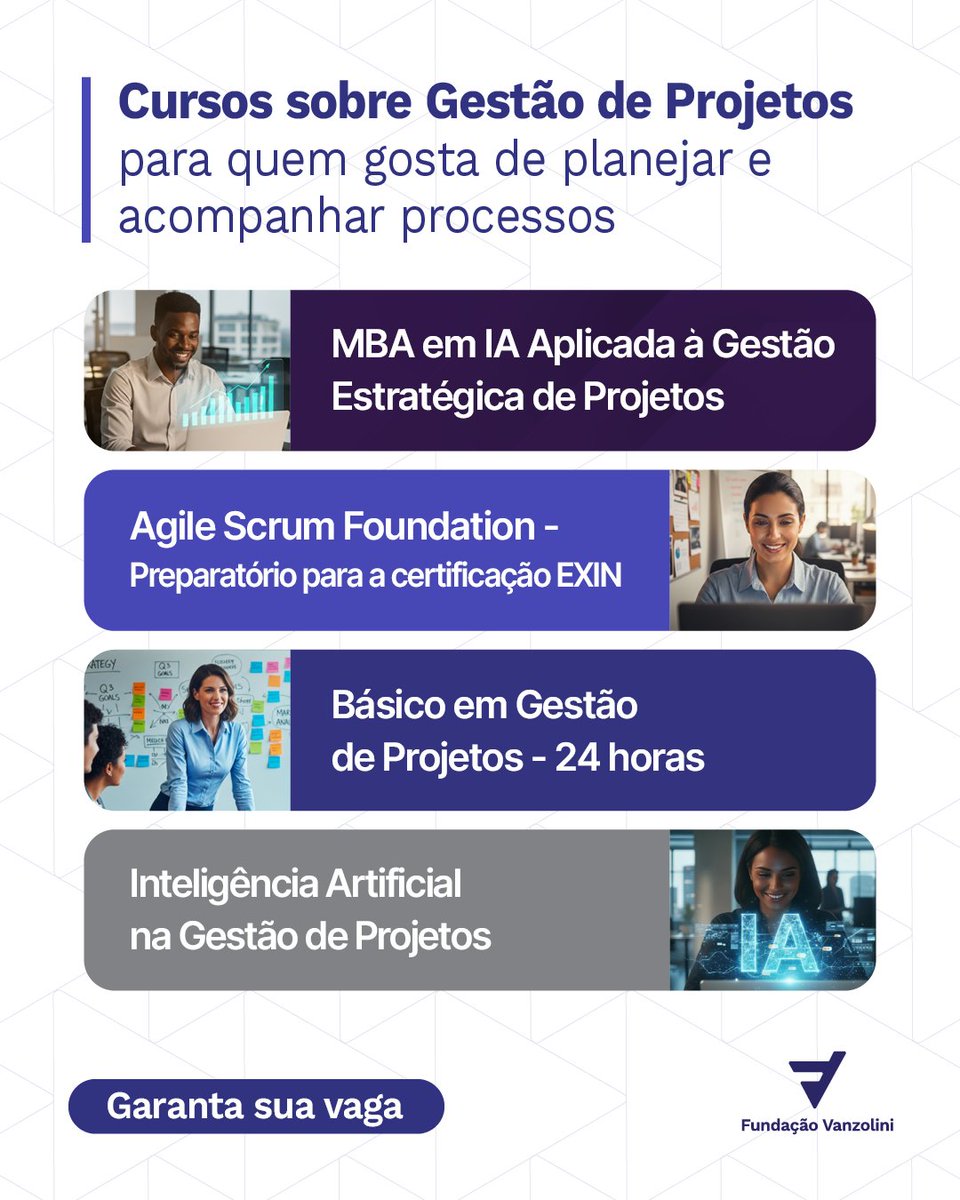 Você é um líder nato, gosta de organizar as entregas e ter uma visão estratégica dos projetos? Então, uma carreira na área de Gestão de Projetos é o ideal para você! 😀

Venha aprofundar os seus conhecimentos. 📈
Acesse o site e matricule-se!
🔗vanzolini.org.br/cursos/