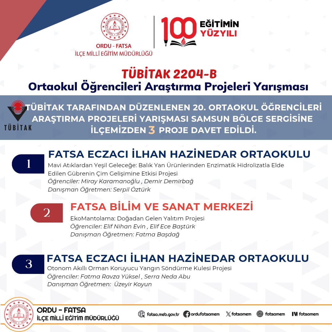FatsaMem's tweet photo. TÜBİTAK 2204 B Ortaokul Öğrencileri Araştırma Projeleri Yarışması Samsun Bölge Sergisine İlçemizden 3 proje davet edildi!
Öğrencilerimizi ve danışman öğretmenlerimizi tebrik ediyor;  bölge finallerinde kendilerine başarılar diliyoruz.

@tcmeb @Ordu_MEM @mfvargeloglu @SuatEvin52 https://t.co/hVzDQdpygX