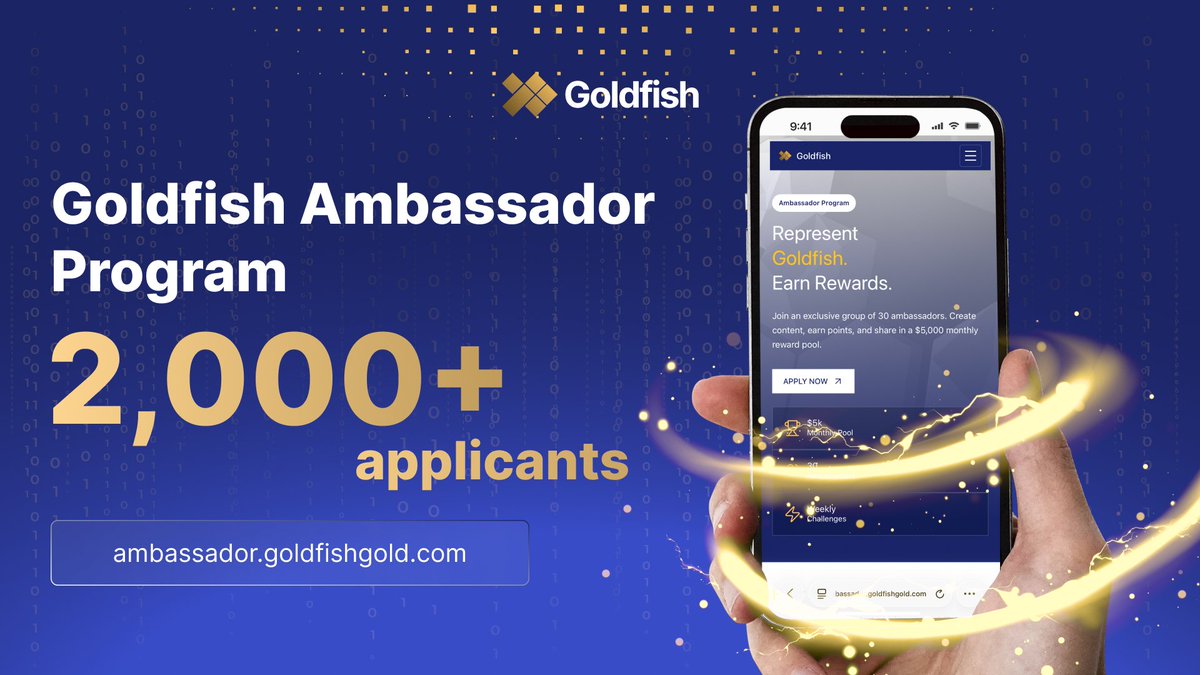 The Goldfish Ambassador Program is still accepting applications.
They’re not looking for the fastest applicants, they’re looking for real contributors who can add value to the ecosystem.

⇒ $5,000 in rewards distributed monthly
⇒ Only 30 ambassadors will be selected
⇒ The