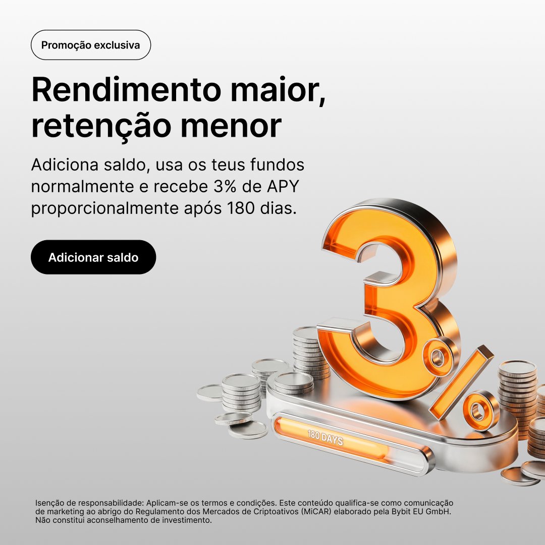 3% de rendimentos com total flexibilidade. 📈

Até 31 de março: Adiciona saldo, utiliza os teus fundos normalmente e recebe 3% de rendimento anual, pago após 180 dias, calculado sobre o valor depositado.

Uma forma simples de manter os teus fundos a render enquanto continuas a