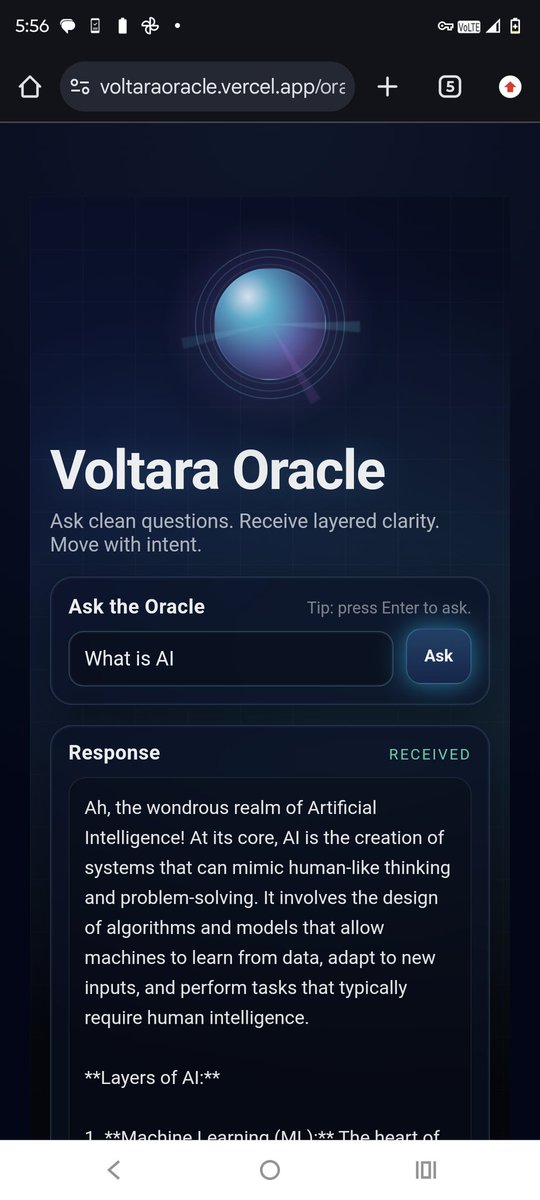 efurjacy's tweet photo. 🔮 Voltara Oracle
The Voltara Oracle is live.
Ask a question.
Receive layered intelligence.
Act with clarity.
No hype. No noise. Just signal.
Built for builders, traders, and curious minds.
The Oracle listens.
🧠 https://t.co/WbdV3ONyLT⁠�
#AI #Crypto #Web3 #Voltara #BuildInPublic