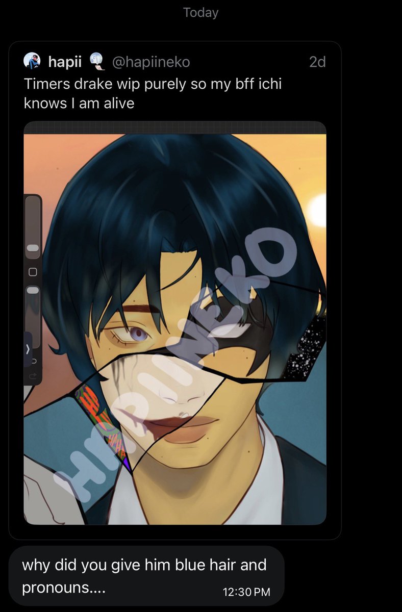 hapiineko's tweet photo. Why can’t the bisexual boy have blue hair and pronouns anon 😔💔 https://t.co/T0XHExw2XR