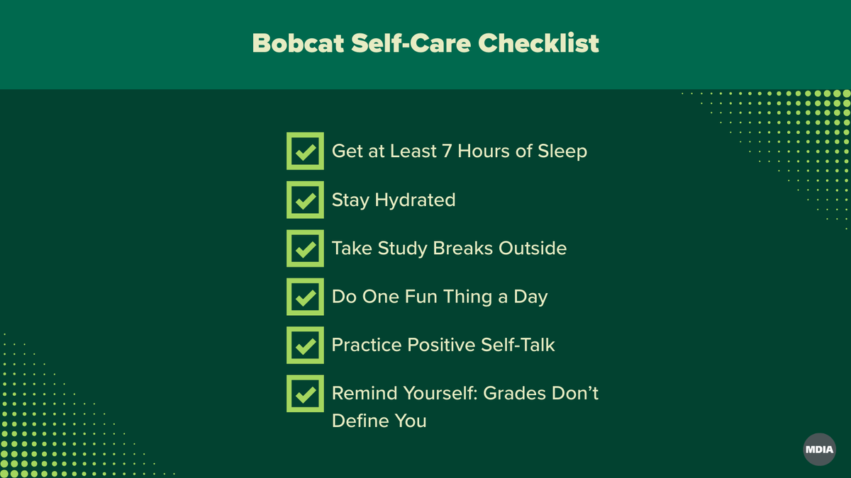 OU_MDIA's tweet photo. Midterm season = grind season 🎧📚
But don’t forget to take care of yourself, Bobcats. Here’s your self-care checklist.

You’ve got this, MDIA Bobcats 💚 

#OUMedia #BobcatLife #Midterms https://t.co/Hn01soM2KI