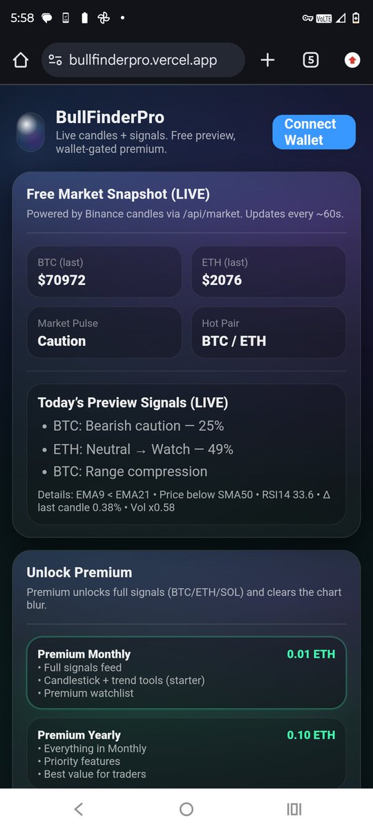 efurjacy's tweet photo. 📈 BullFinderPro
Most people chase pumps.
BullFinderPro finds them first.
Live market signals.
Bull pattern detection.
Clean trader interface.
No fluff. Just momentum.
Find the bull before the herd does.
📊 https://t.co/ZqMLt2wuIv⁠�
#CryptoTrading #Web3Builders #AITrading #BullMarket