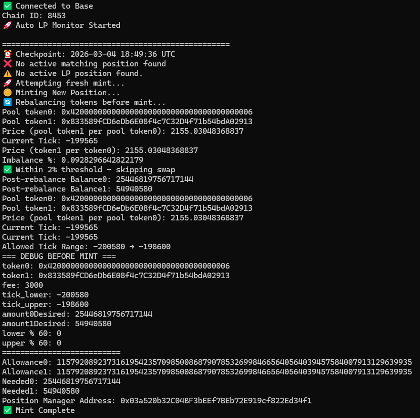 deanrey3's tweet photo. Got bored over the weekend so I teamed up with Claude and built an auto-rebalancing Uniswap LP manager in Python.

It polls Uniwap LP position every 15 mins. If the LP is out of range for 30+ mins it:
• removes liquidity
• collects the fees
• rebalances the coins 50 / 50
• remints the LP at a new range

Who knows, I might release it publicly.

Bear markets are for building 🛠️

h/t @Uniswap