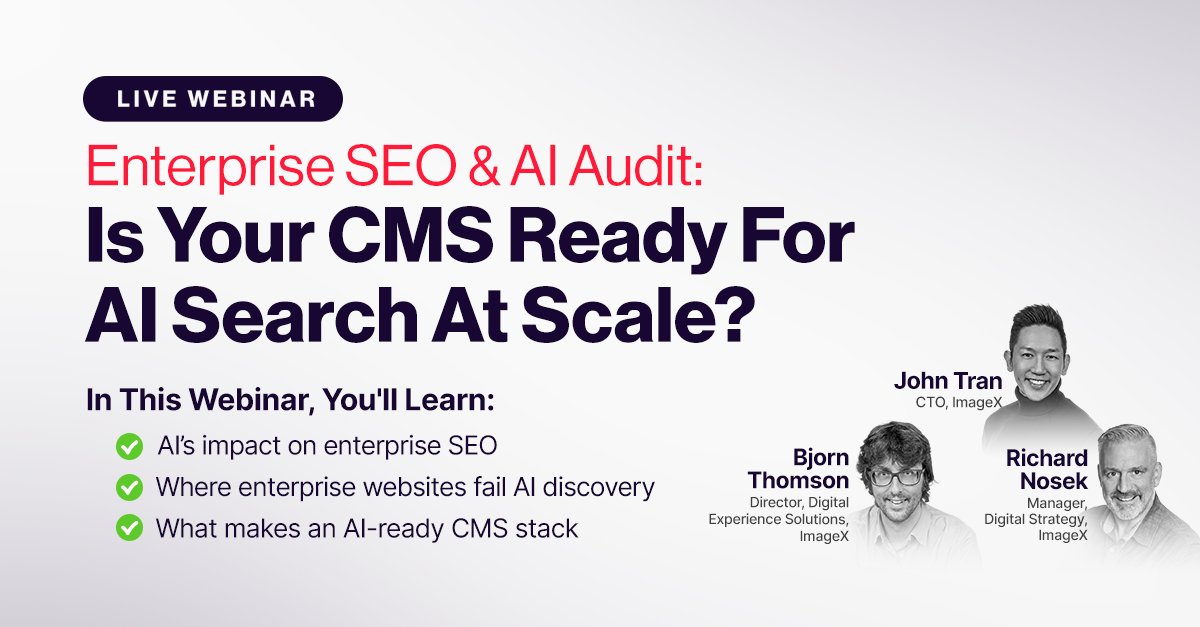 sejournal's tweet photo. Most teams are asking, “How do we optimize content for AI?”
Fewer are asking, “Is our #CMS even capable of supporting AI search?”

Content cannot be interpreted, reused, or surfaced properly if the underlying architecture limits it.

Join John Tran (CTO), Bjorn Thomson (Director, Digital Experience Solutions), and Richard Nosek (Manager, Digital Strategy) at @imagex_media, as they walk you through a practical audit framework for AI-driven search.

If you oversee #SEO or digital strategy, this conversation is worth your time.

Registration link in the comments.
