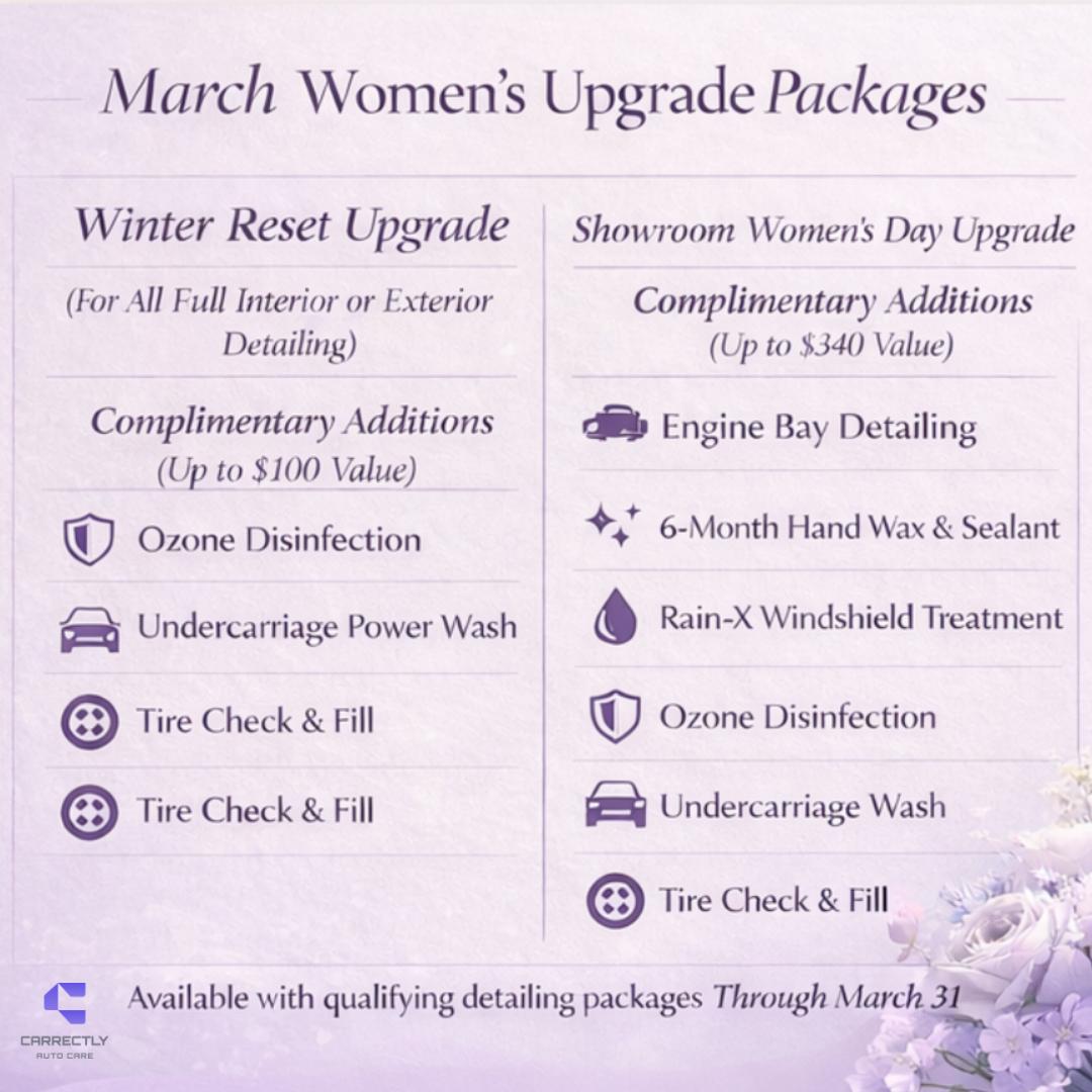 Carrectly's tweet photo. In honor of Women’s History Month &amp; International Women's Day:

Enjoy up to $340 in complimentary upgrades with qualifying detailing services, including premium treatments designed to restore, protect, and refresh your vehicle after the Chicago winter.

https://t.co/aznbZmqQBD https://t.co/bCab1xlD2s