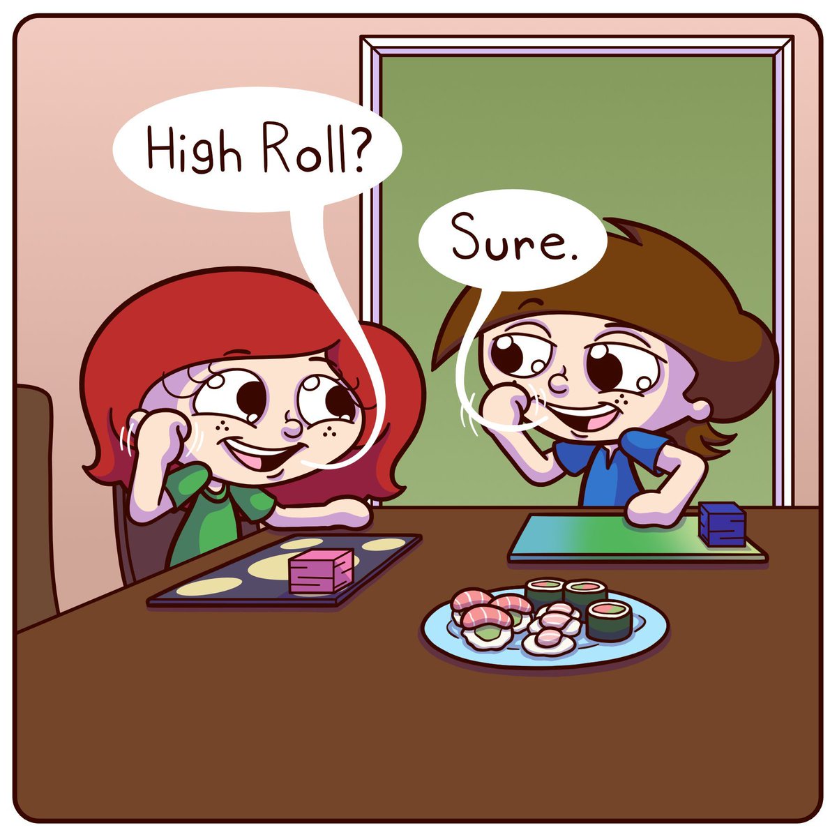 LittleMeComix's tweet photo. High roll, low roll…or tuna roll 😆🍣

#comicstrip #Dicelovers #gaminglife #littleanimatedme #MagicMarch #MagictheGatheringCommunity #puns #sushiroll #tabletopgame #webcomicsofinstagram https://t.co/82DkF0p8DX