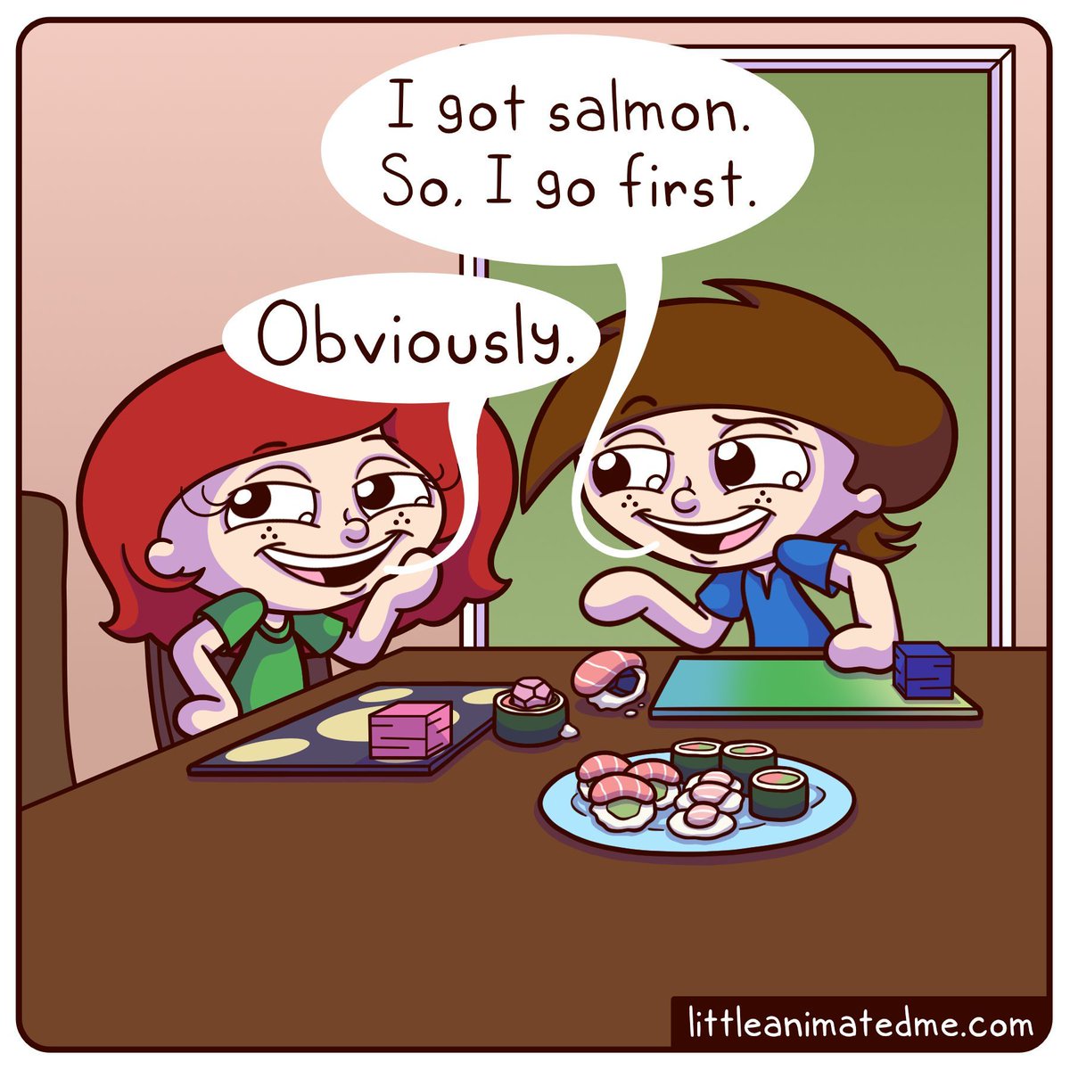 LittleMeComix's tweet photo. High roll, low roll…or tuna roll 😆🍣

#comicstrip #Dicelovers #gaminglife #littleanimatedme #MagicMarch #MagictheGatheringCommunity #puns #sushiroll #tabletopgame #webcomicsofinstagram https://t.co/82DkF0p8DX