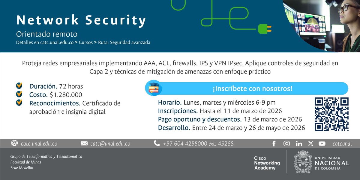 catcunal's tweet photo. Las organizaciones necesitan profesionales capaces de proteger infraestructuras críticas.

Fortalezca su perfil con acompañamiento experto y laboratorios guiados. Inscríbase y avance al siguiente nivel.

#NetworkSecurity #Ciberseguridad #CiscoNetworkingAcademy #AcademiaT&amp;T https://t.co/1qPbVyJ191