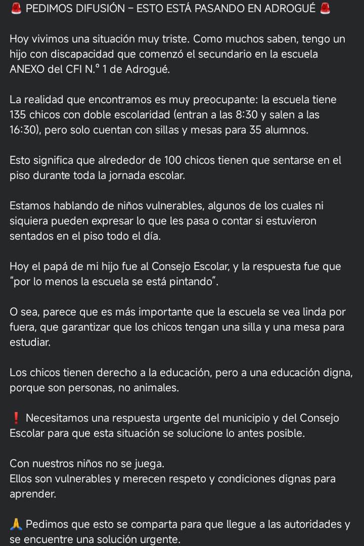 no suelo subir este tipo de cosas, pero hoy mi familia y muchas otras necesitan ayuda.

Lo que está pasando en la escuela de la imagen en Adrogué es gravísimo y necesita visibilidad urgente. Ojalá algún programa de televisión, el intendente, el gobernador o alguna autoridad+