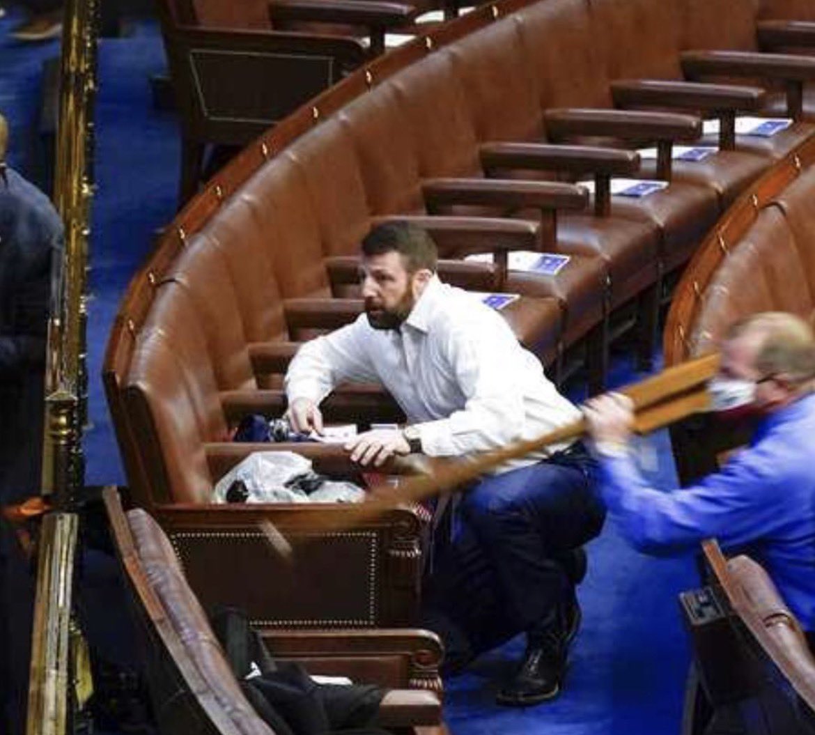 HeatherR411's tweet image. Trump replaces Noem with Sen Mullin as DHS Secretary

Seen below is Mullin hiding in fear from Jan 6th insurrectionists/domestic terrorists sent to stop the certification of election, hang the vp, attack Congress, destroy the Capitol, assault Capitol police sent/incited by Trump