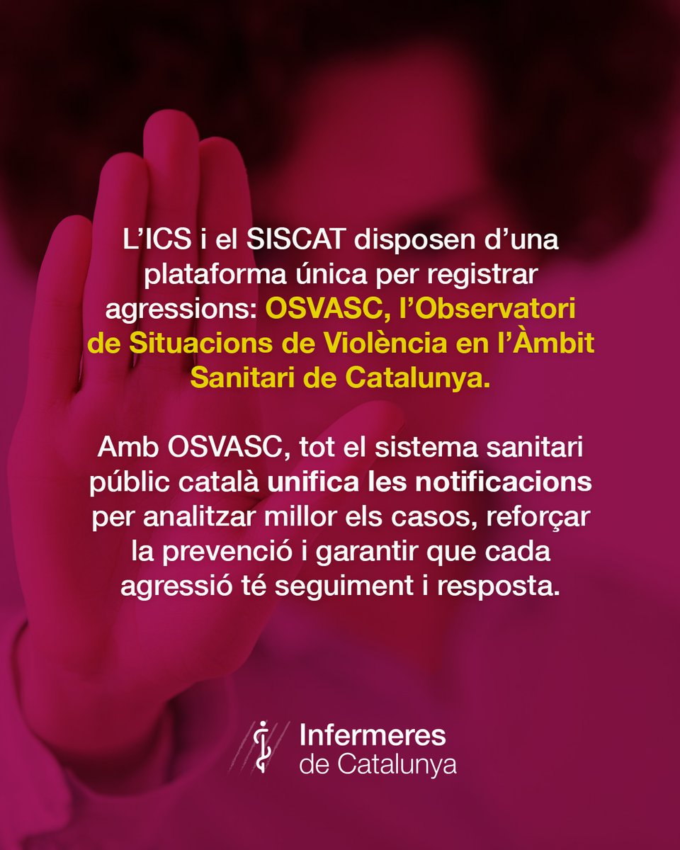 CatInfermeres's tweet photo. 🚨 Denunciar és protegir-nos

👩‍⚕️👨‍⚕️ Cap agressió és “part de la feina”
L’ICS i el SISCAT disposen d’una plataforma única per registrar agressions: OSVASC, l’Observatori de Situacions de Violència en l’Àmbit Sanitari de Catalunya.
Amb OSVASC, tot el sistema sanitari públic català unifica les notificacions per analitzar millor els casos, reforçar la prevenció i garantir que cada agressió té seguiment i resposta.

💥 Si pateixes violència, DENUNCIA.
🔗 Notificar no és burocràcia: és posar llum, generar dades, exigir canvis i protegir-nos com a col·lectiu.
➡️ Totes les notificacions d’agressions a professionals es fan exclusivament a OSVASC
❌ Queda substituït qualsevol sistema intern anterior
📧 Les persones notificadores i gestores reben un correu per activar el seu usuari

🌐 Accés a OSVASC
https://t.co/DAONfxcT8u

🎥 Vídeo explicatiu (ICS)
https://t.co/aOtGzvAIHD

✊ Les agressions no són tolerables. Denunciar és un acte de cura col·lectiva. Protegim-nos. Protegim la professió.

#ViolènciaZero #SISCAT #ICS