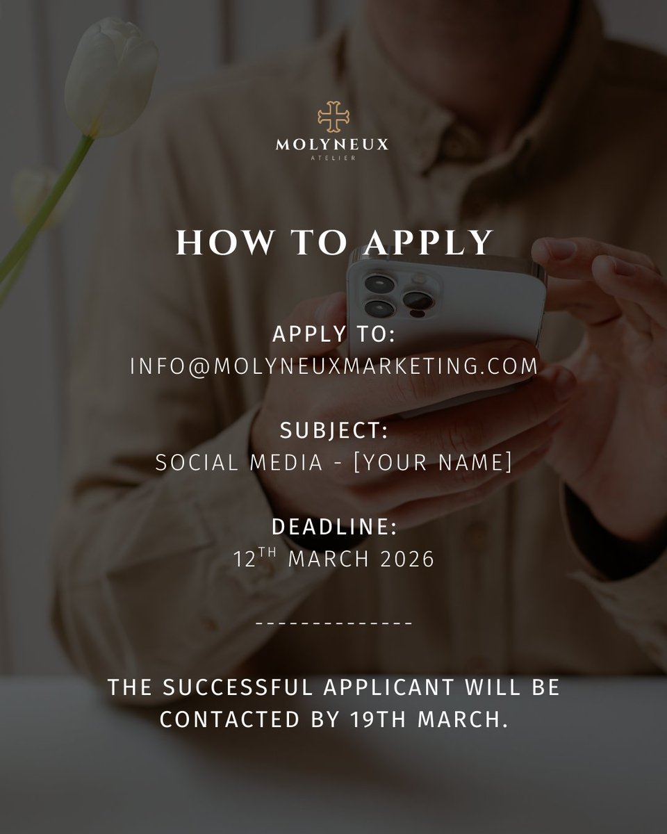 MolyneuxMPR's tweet photo. 🚨 We’re Hiring: Social Media Assistant 

Molyneux Marketing is looking for a Social Media Assistant to support our client accounts with content creation, publishing, copywriting, and light editing (Canva, CapCut, native tools). https://t.co/cLDaa5A1mn