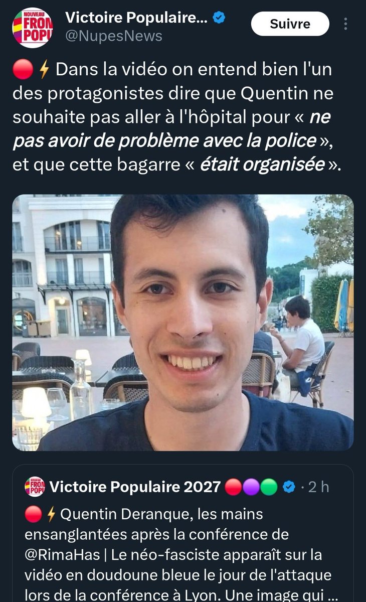 Ici <a href="/NupesNews/">Victoire Populaire 2027 🔴🟣🟢</a> fait de la manipulation. Après avoir partagé une vidéo des <a href="/antifa_lyon/">Groupe Antifa Lyon 🇵🇸🔻</a> en pensant incriminer le <a href="/Coll_Nemesis/">Collectif Némésis</a> et Quentin Deranque en parlant du sang sur ses mains. Se rendant compte qu'il s'agit sûrement de son propre sang car Quentin est blessé à la tête, et que