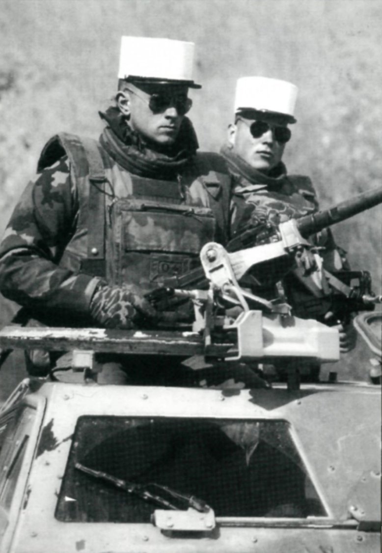 Légionnaires of the 3rd Squadron, 1st Foreign Cavalry Regiment (3e Escadron, 1er REC) atop their Panhard VBL in Bosnia.
March, 1996