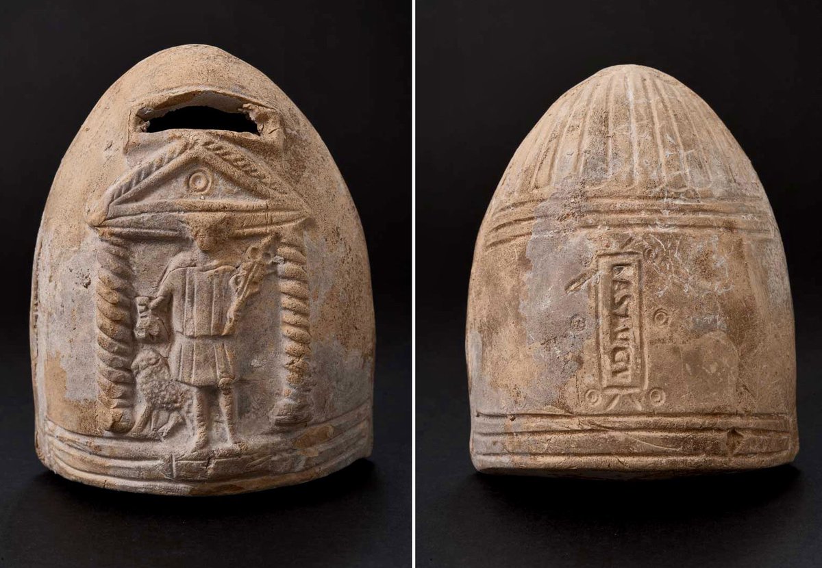 An ancient Roman ‘piggy bank’, made of terracotta and with a slot for coins to be deposited. The money box is decorated with the figure of Mercury, god of wealth and commerce, who holds a money bag. Clay piggy banks were popular Saturnalia gifts for children. When the child had