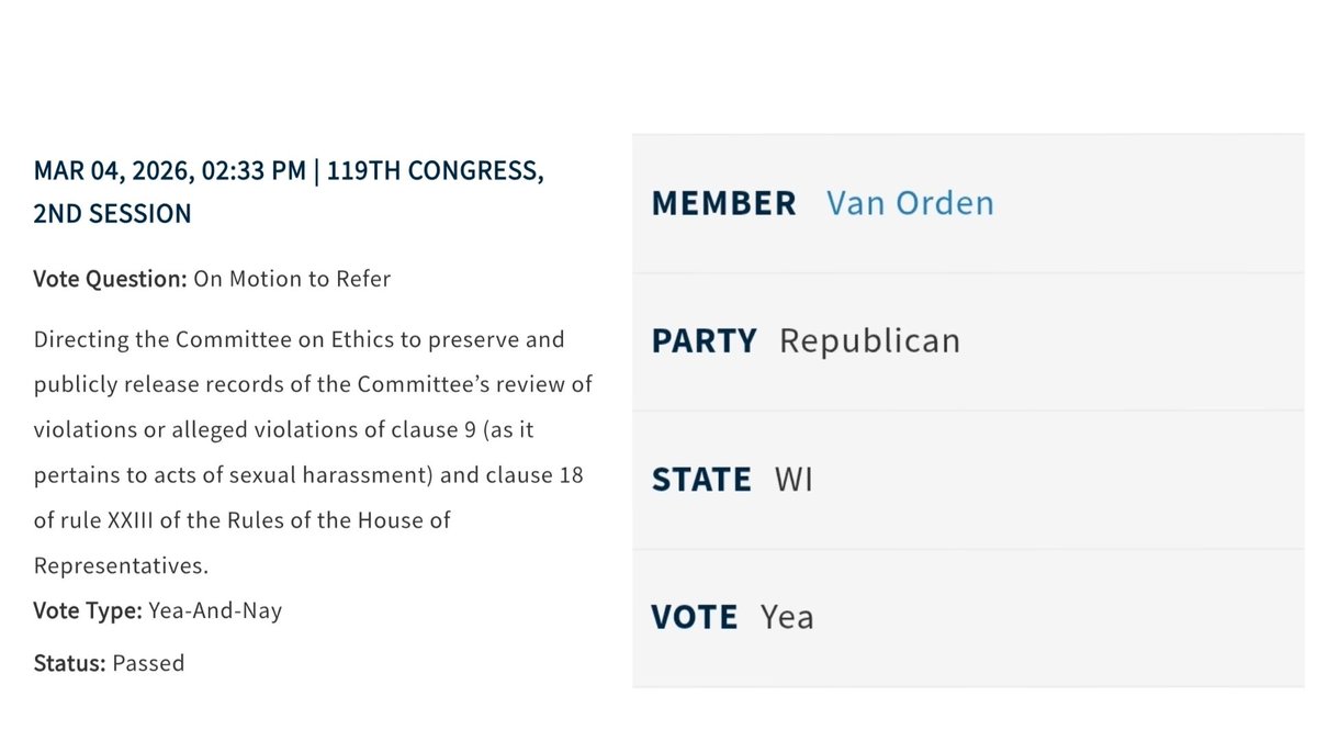 3rdWIVolunteers's tweet image. Hey #WI03! Yesterday @derrickvanorden hit a new low. He voted to cover up sexual abuse by members of Congress.
#vile
#pedophile_protector