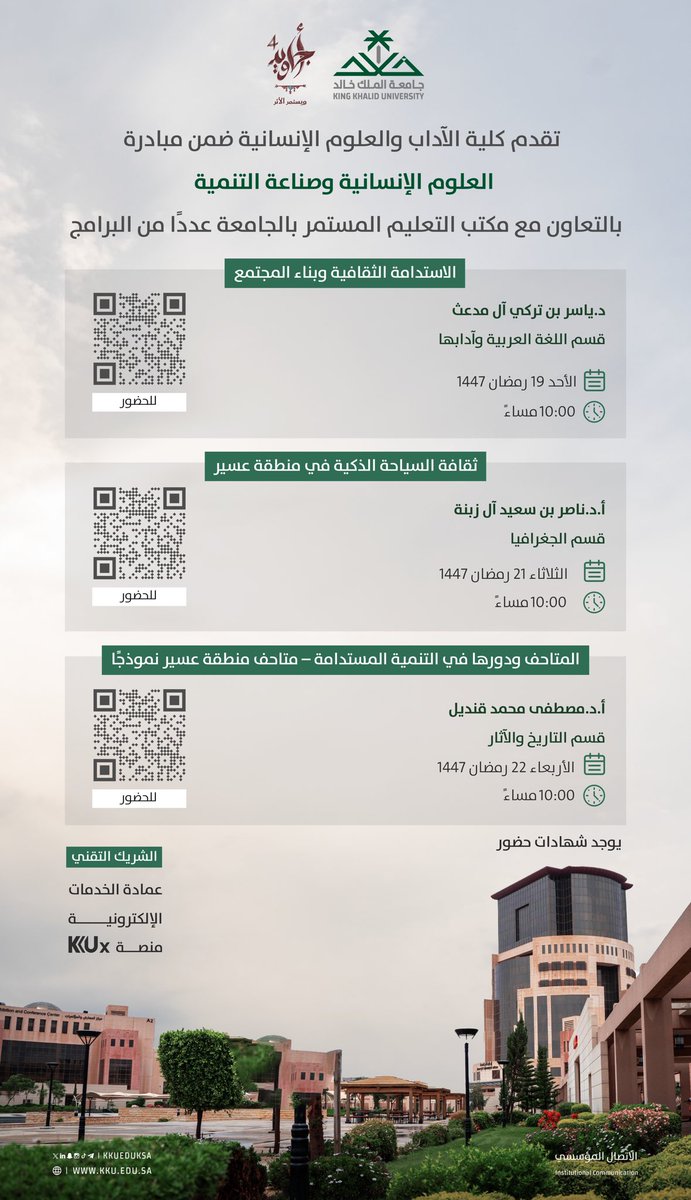 تقدم #جامعة_الملك_خالد ممثلة بكلية الآداب والعلوم الإنسانية بالتعاون مع مكتب التعليم المستمر مبادرة "العلوم الإنسانية وصناعة التنمية" مشتملة على 3 برامج.. 

#أجاويد4