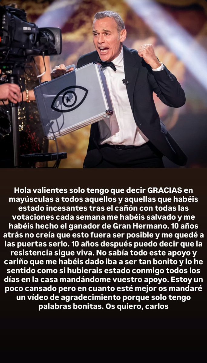 MuchaAdara's tweet photo. PALABRAS DEL GANADOR @_CarlosLozano

Estamos muy orgullosos de él y de como ha sabido sortear las dificultades en el reality. Siempre sincero, siempre con una sonrisa, siempre con la ironía que pocos supimos entender. Éste GH no habría sido lo mismo sin él 

#CarlosGanador https://t.co/19bfWyvjWQ