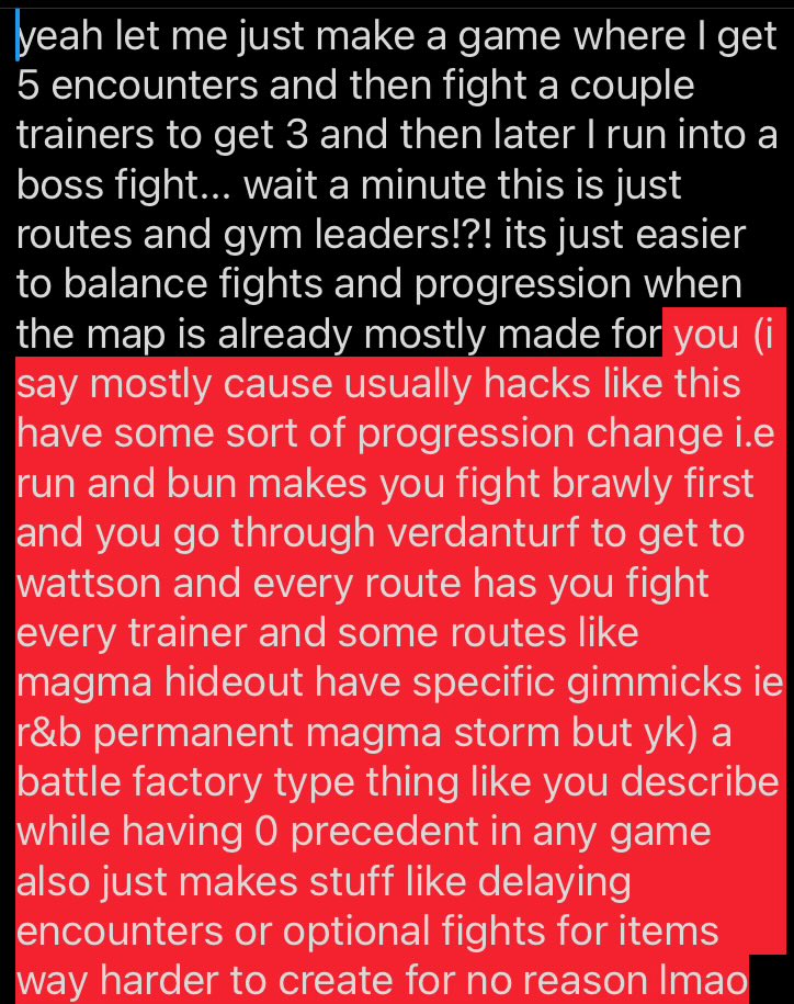 ExprNeo's tweet photo. @pomboshonem @PandaBaris @Peko_girlboss why are we trying to reinvent the wheel? what are we solving by doing what you suggest?

"oh my 400 fights difficulty hack made for the purpose of interesting challenge to the player while simultanously balancing itself around nuzlockes doesnt have good worldbuilding :(" https://t.co/0oUqis0J2P