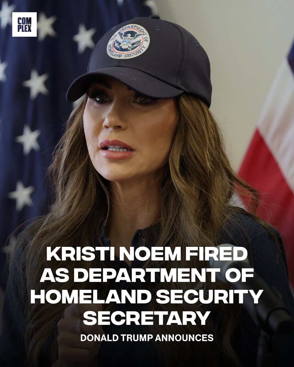 Complex's tweet photo. Donald Trump announces Kristi Noem is out as head of Homeland Security, picking Oklahoma Sen. Markwayne Mullin to replace her. https://t.co/5051bCrGiN
