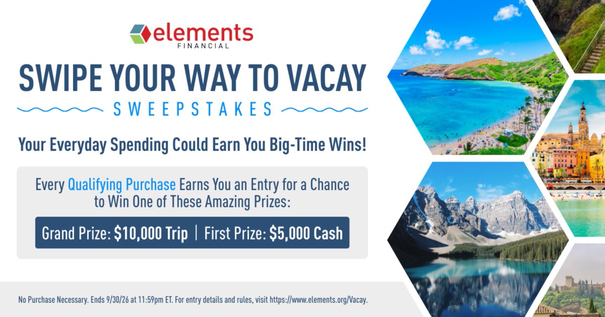 elementsCU's tweet photo. Now through September 30, every swipe of your favorite Elements card earns you an entry for a chance to win amazing prizes.
----
No Purchase Necessary. Ends 9/30/26 at 11:59pm ET.
For entry details and rules visit https://t.co/F6gcE5MPMU. https://t.co/dsGb6JlUtG