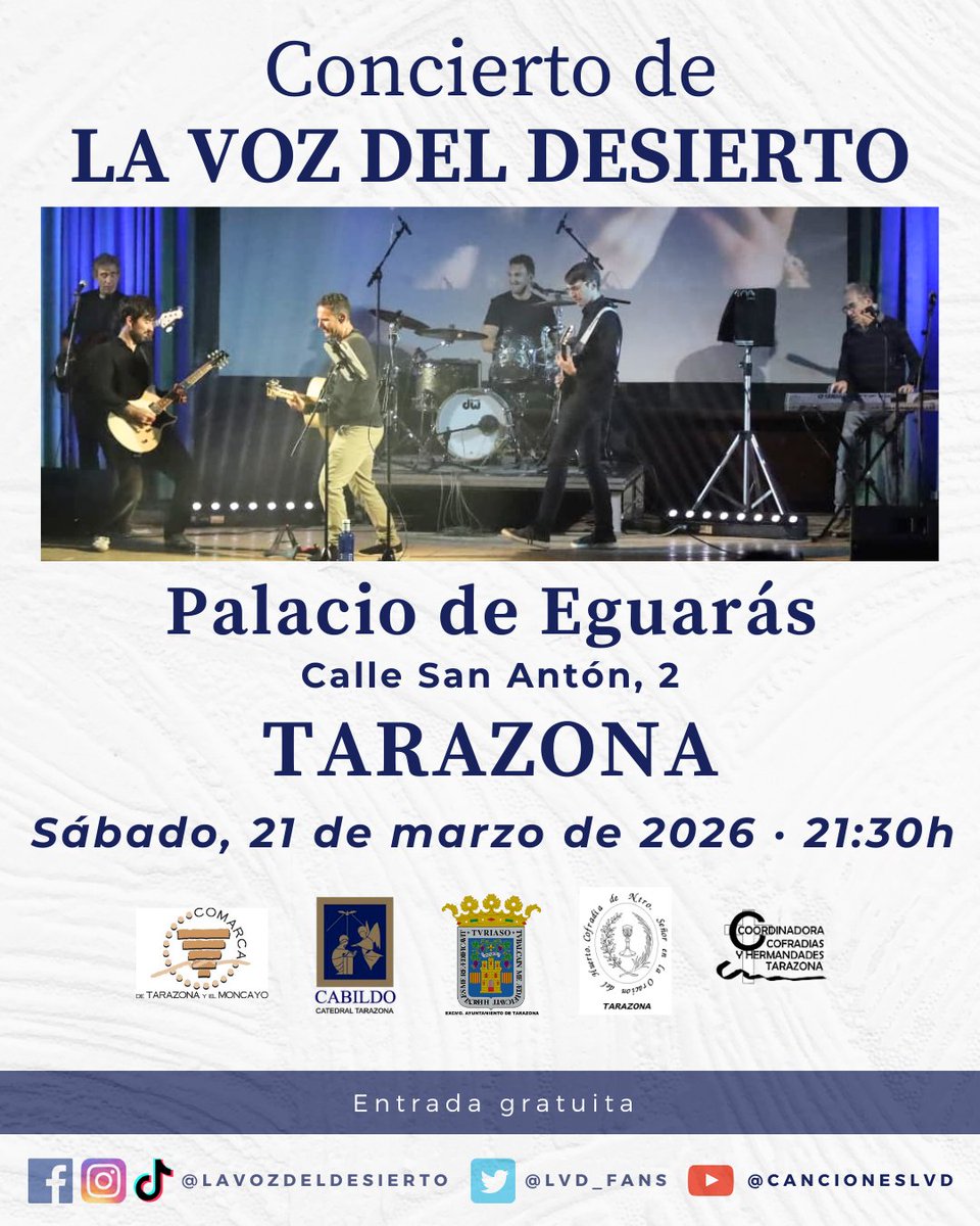 ¡Regresamos a los escenarios! 🎸

El sábado 21 de marzo de 2026 daremos un concierto en Tarazona. Será en el Palacio de Eguarás a las 21:30. 

La entrada es gratuita.