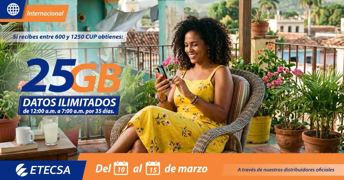 Promoción internacional del 10 al 15 de marzo. 
Recibe 25GB + Datos ilimitados de 12 a.m. a 7 a.m. por 35 días. #RecargaInternacional