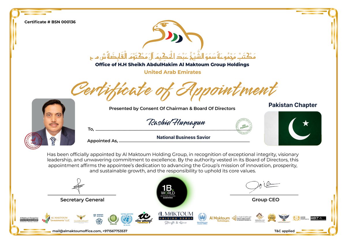 1BWorlds's tweet photo. Welcome Mr. Rashid Humayun as 1B. National Business Savior  – Pakistan Chapter!

Recognized among 100 Global Pioneers, they drive innovation, leadership &amp; international impact.

#1BWorld #BusinessSavior #100Pioneers #LeadershipExcellence https://t.co/qmPgWjcO1L