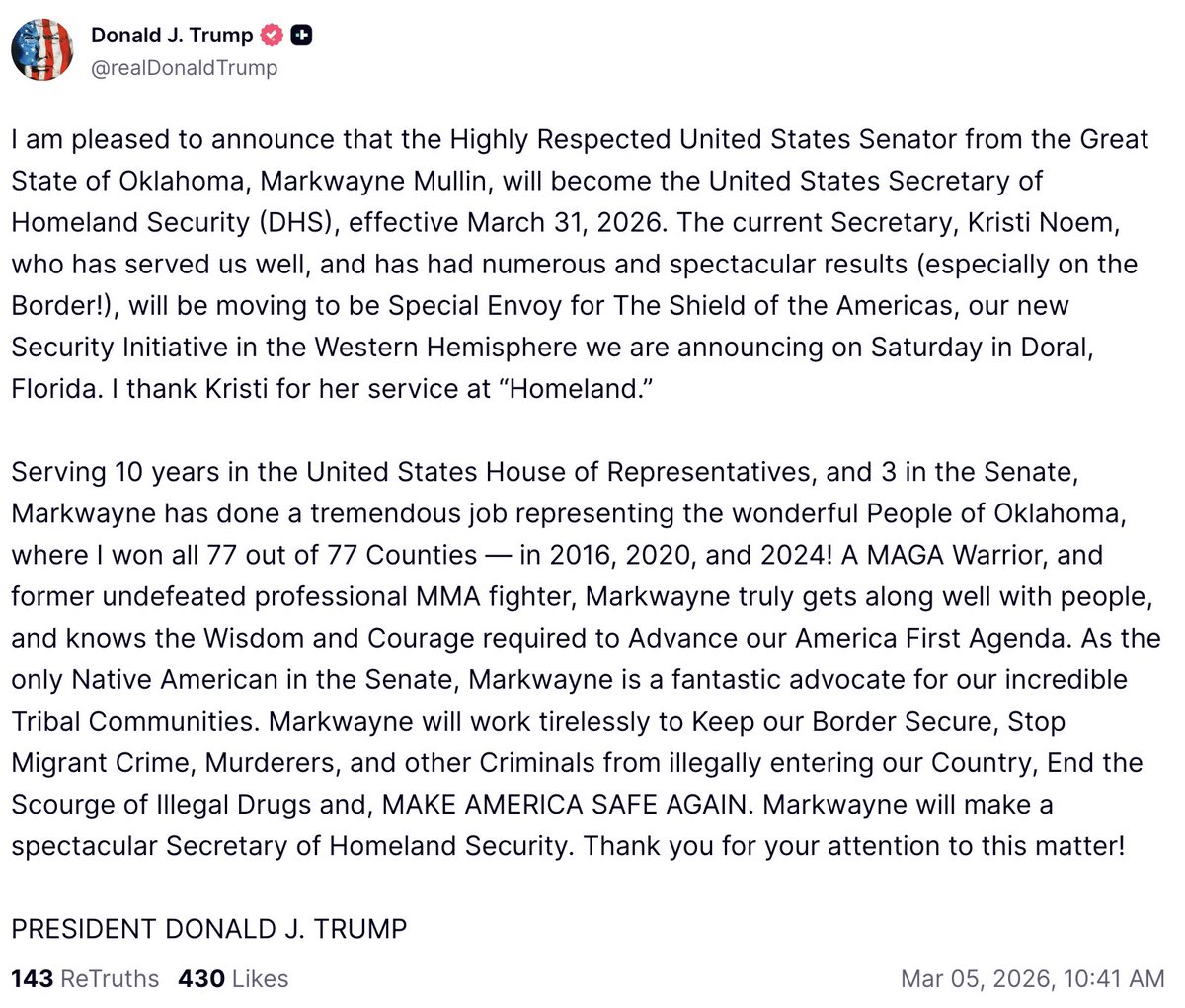 ZuritaCarpio's tweet image. Adiós #BarbieGestapo
🇺🇸 Trump despide a Kristi Noem como Secretaria de Seguridad Nacional. La reemplaza el senador Markwayne Mullin. Sale el 31 de marzo tras críticas por manejo de ICE, tiroteos en #Minneapolis y audiencias caóticas. Primer gran cambio en su gabinete.