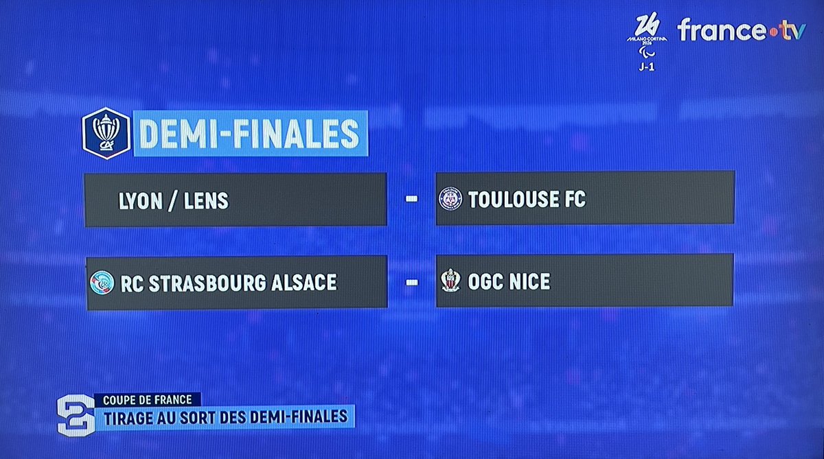 ToulouseFM's tweet photo. Tirage au sort des demi-finales de la Coupe de France ⚽️

Le @ToulouseFC affrontera à l’extérieur le vainqueur du 1/4 de ce soir entre l’OL et Lens !

Toulouse FM, radio officielle du TéFéCé 😈 https://t.co/aqKMlfGv6i