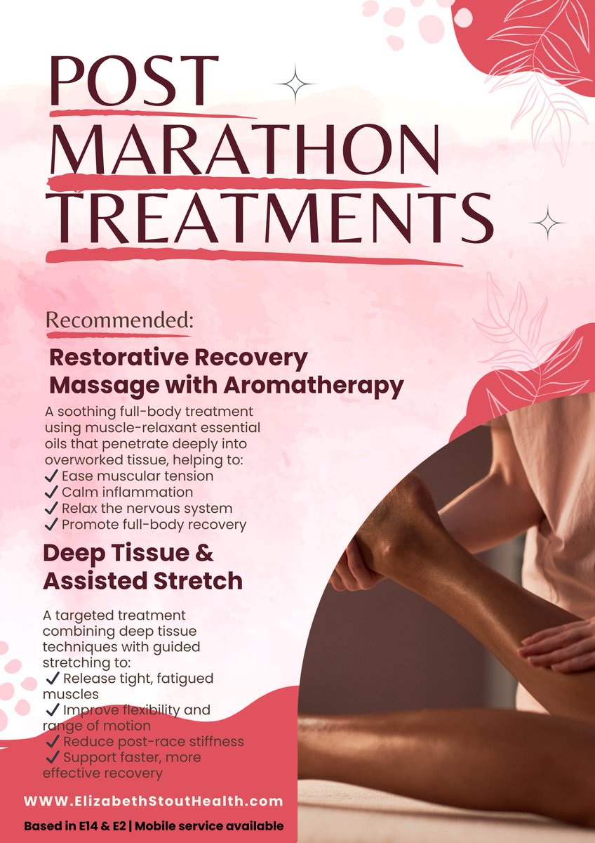 StoutHealth's tweet photo. When you've finished the marathon, Recovery matters.
Post-marathon treatment can help reduce soreness, improve circulation, and support faster recovery.
📍 E14 &amp; E2 | Mobile visits available  https://t.co/cf4fwrjhDc
#MarathonRecovery #SportsMassage #RunnerRecovery https://t.co/R0ZO5VJzxg