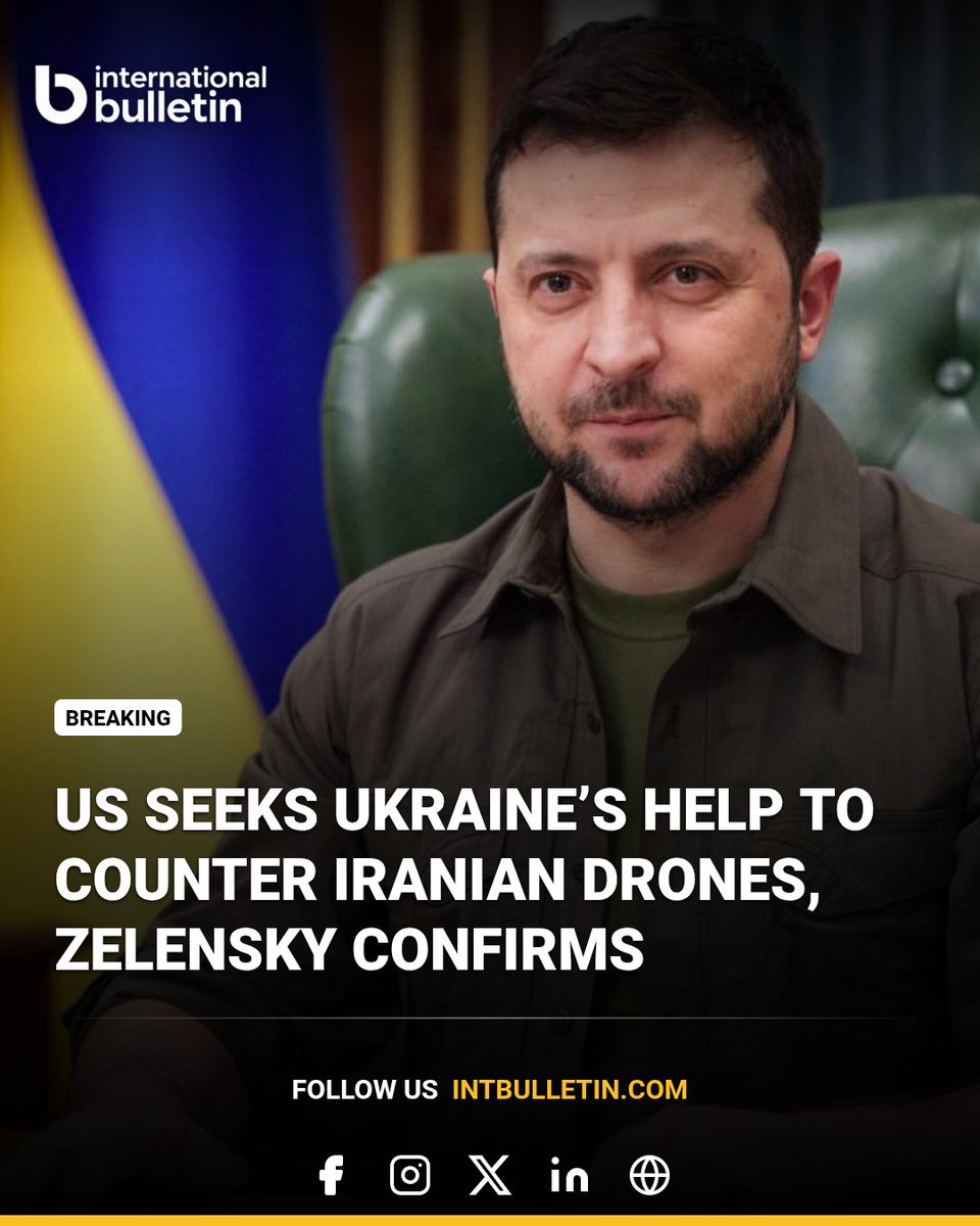 intbulletin's tweet photo. Ukraine’s President Volodymyr Zelensky says the United States has asked Kyiv for assistance in defending Gulf allies against Iran-made Shahed drones. Ukraine may send specialists and interceptor drones while ensuring its own defenses remain strong. 
#Ukraine #IranWar #USA https://t.co/C1K5UsOevX