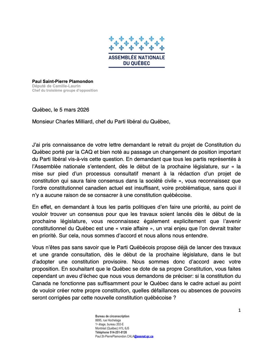 PaulPlamondon's tweet photo. Le chef du Parti libéral du Québec m'a interpellé par écrit hier pour que le projet de constitution du Québec devienne une priorité de tous les partis politiques à Québec après les prochaines élections. Je lui réponds dans la lettre suivante avec six questions très simples pour tenter de clarifier ses intentions.