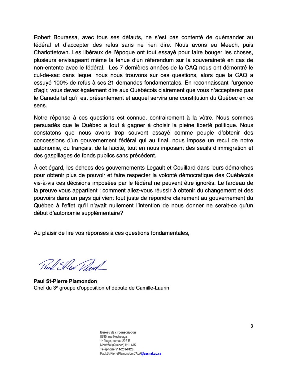 PaulPlamondon's tweet photo. Le chef du Parti libéral du Québec m'a interpellé par écrit hier pour que le projet de constitution du Québec devienne une priorité de tous les partis politiques à Québec après les prochaines élections. Je lui réponds dans la lettre suivante avec six questions très simples pour tenter de clarifier ses intentions.