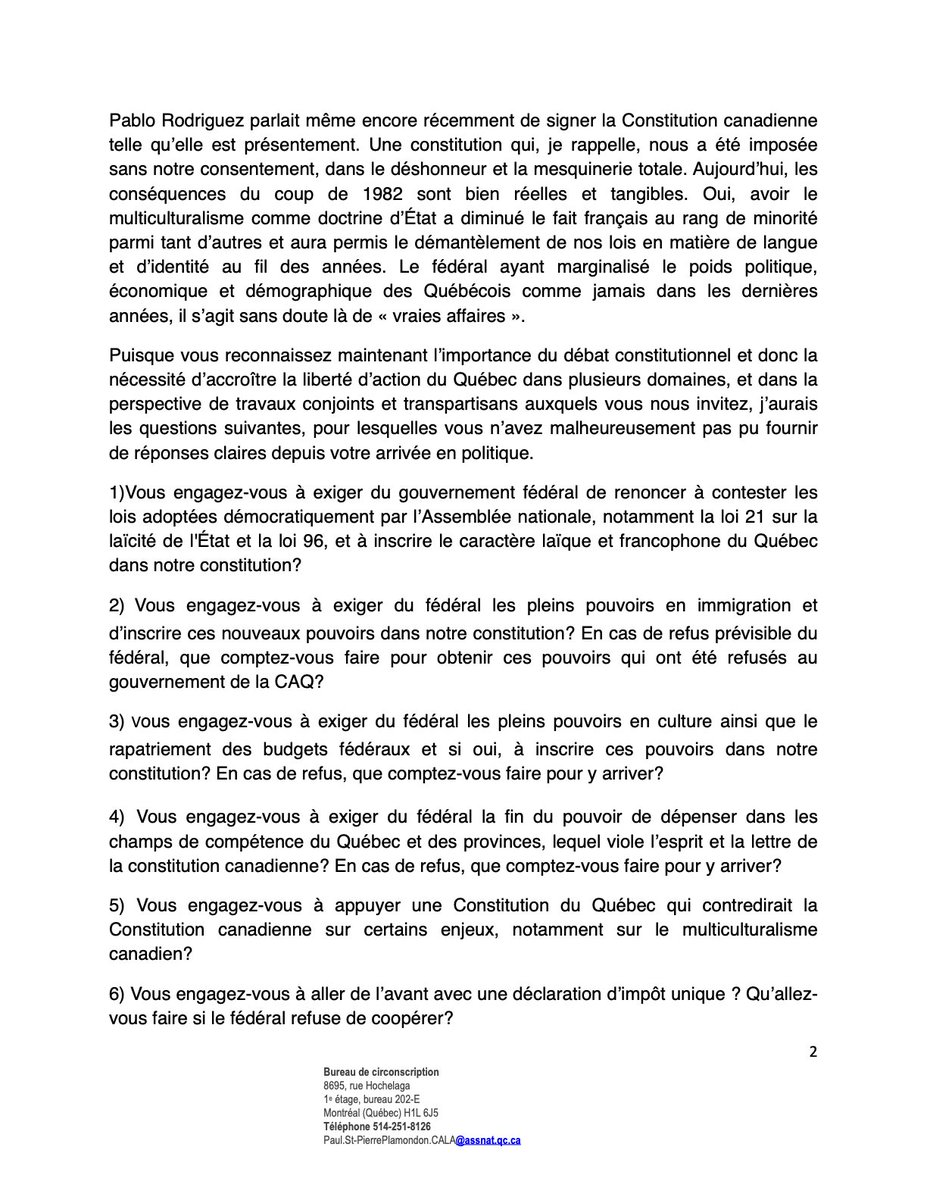 PaulPlamondon's tweet photo. Le chef du Parti libéral du Québec m'a interpellé par écrit hier pour que le projet de constitution du Québec devienne une priorité de tous les partis politiques à Québec après les prochaines élections. Je lui réponds dans la lettre suivante avec six questions très simples pour tenter de clarifier ses intentions.
