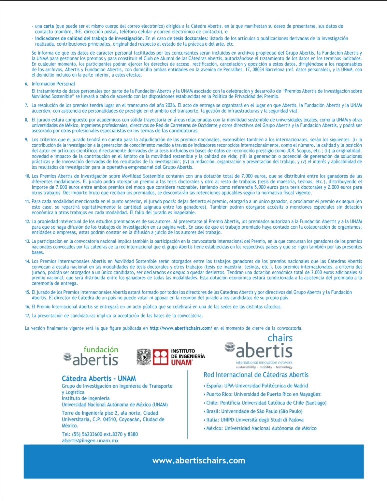 Convocatoria abierta. Premios Cátedra Abertis-México tesis 2024 y 2025
Los premios se otorgarán a las mejores tesis de maestría y doctorado relacionados con movilidad, transporte sostenible o desarrollo urbano, defendidas en los años 2024 y 2025, en universidades mexicanas.