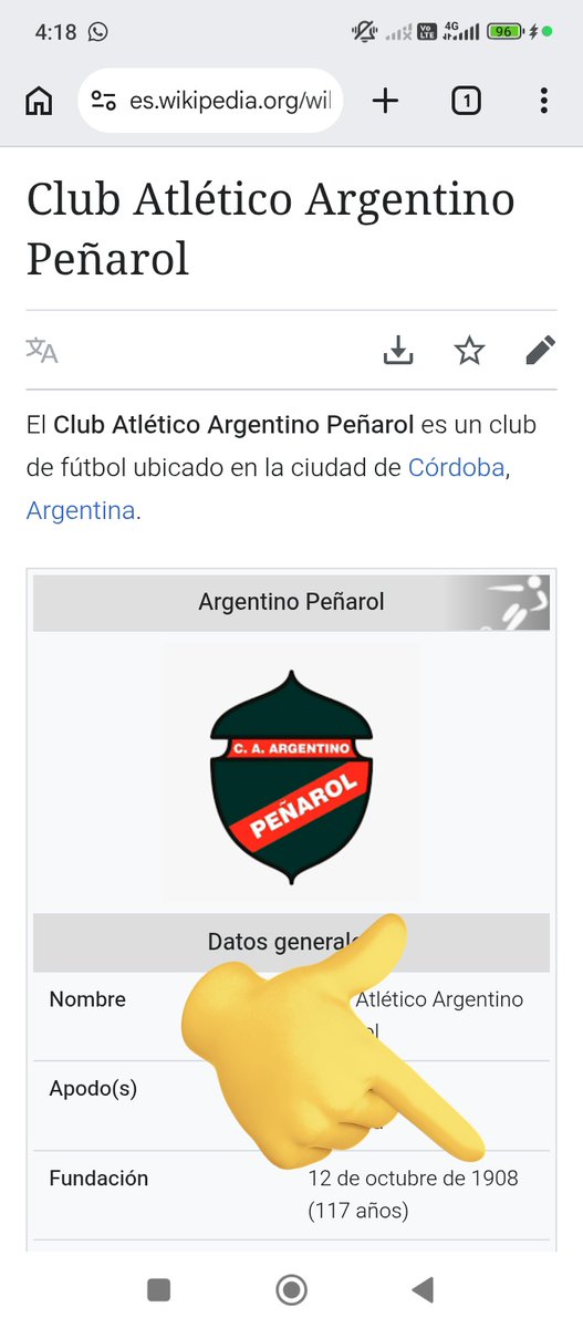 "es lo mismo con Peñarol, clubes llamados así en honor a."

Y procede a poner en la imagen el escudo de Argentino Peñarol. Fundado el 12/10/1908 en honor al Club Atlético Peñarol formado el 28/09/1991

A veces muy seguido se les olvida la mentira y reconoce la realidad
