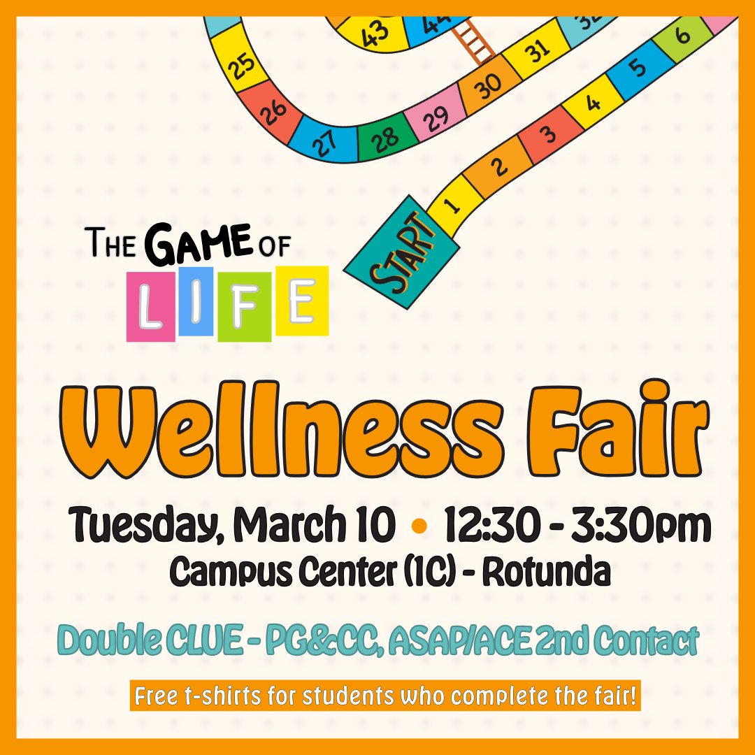 CSI_Wellness's tweet photo. Level Up Your Wellness!
Join Health &amp; Wellness for The Game of Life: Wellness Fair.
- FREE t-shirt
- Double CLUE credit (PG &amp; CC) 
- ASAP/ACE 2nd Contact credit.
Tues, 3/10
12:30–3:30 PM
1C-Rotunda
#CSIHW #CSIHealthWellness #MyCSI #CollegeOfStatenIsland #CSIDolphins #CUNY https://t.co/ZMCUmVEaBQ