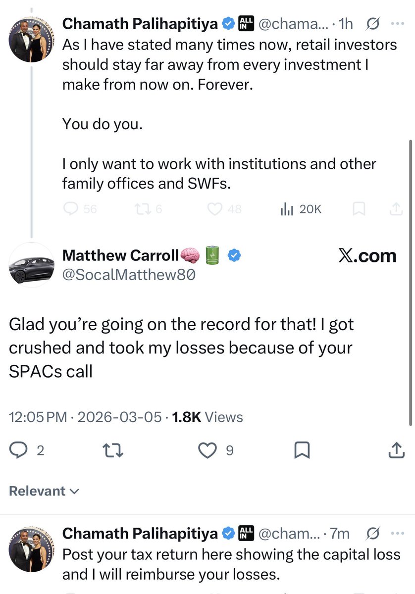 unusual_whales's tweet photo. Chamath says he will "reimburse losses" for reported "SPACs capital losses." https://t.co/OZvjCu7l39
