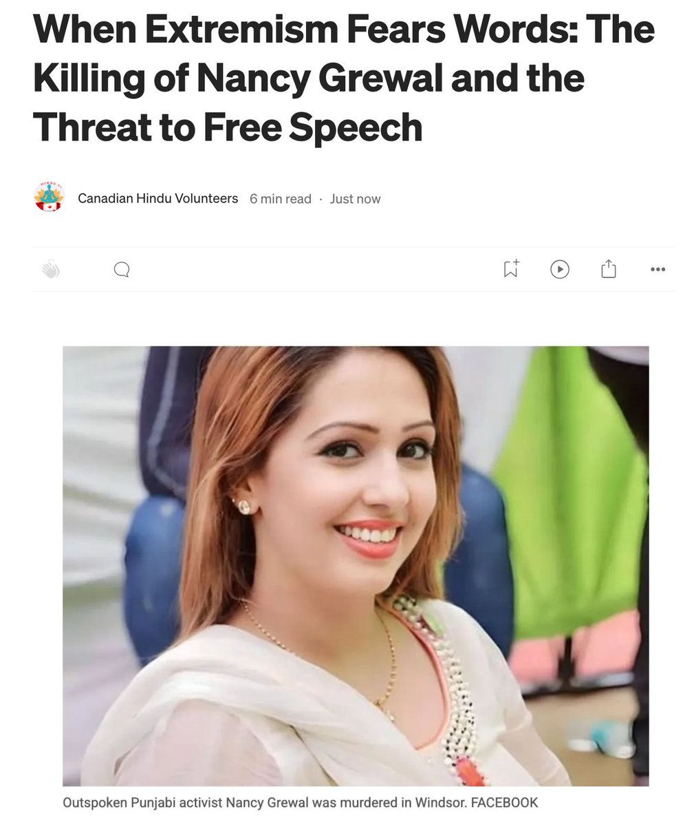 hindu_canadian's tweet photo. Canada must not look away.
Canadian YouTuber Nancy Grewal has been brutally stabbed to death in Windsor. A courageous voice that spoke openly about issues many were afraid to discuss has been silenced.
Nancy Grewal was widely known for her outspoken criticism of Khalistani extremism, intimidation, and violence within parts of the diaspora. She spoke against the bullying of Sikhs who refuse to toe separatist lines. 
Read More-
https://t.co/80nREwV7Ni
She raised concerns about criminal networks, gang activity, and intimidation that many whisper about but few dare to say publicly.

Agree with her or disagree with her, she had the right to speak.

No one in Canada should ever fear violence for expressing their views.

If voices that criticize extremism are silenced through violence, every democracy should be alarmed.

Canada is built on freedom of speech, rule of law and civil debate. Those who intimidate or attack critics must face the full force of the law.

We urge a swift, transparent investigation and justice for Nancy Grewal. Silence cannot be the response.

@WindsorPolice @OPP_News @RCMP @RCMPOntario
@MarkJCarney @CanadianPM @PierrePoilievre @MelissaLantsman
@AnitaAnandMP @marcomendicino @AnandSangari
@CBCNews @CTVNews @GlobalNews @globeandmail
@TorontoStar @nationalpost @TorontoSun
@CP24 @CityNewsTO @GlobalNational
@TheAgenda @TheCurrentCBC 
@brianlilley
@CandiceMalcolm
@AndrewLawton
@EzraLevant
@KeeanBexte
@WarrenKinsella
@acoyne
@TerryGlavin
@DonMartinCTV
@MercedesGlobal
@TheMenzoid
@MarkTowhey
@JonathanWNV
@SueAnnLevy
@JoeWarmington
@AnthonyFurey
@LorrieGoldstein
@JohnIvisonNP
@kinsellawarren
@BarbaraRKay
@RupaSubramanya
@TristinHopper
@KaylaIsabelleee
Freedom of speech must mean freedom to criticize extremism without fear.
#NancyGrewal #JusticeForNancyGrewal #FreedomOfSpeech #StandForFreeSpeech #StopExtremism #DefendDemocracy #Canada #CanadianValues #FreeSpeechMatters #StandAgainstExtremism #RuleOfLaw #VoiceWithoutFear #DiasporaVoices #IndiaCanada #GlobalDemocracy #SpeakWithoutFear