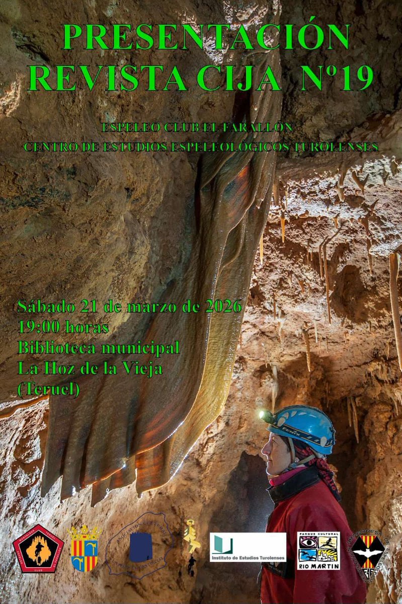 El Espeleo Club El Farallón presenta el nº 19 de su revista CIJA de Teruel 
🗓️21 de marzo (sábado)
🕐19:00 horas
📌Biblioteca Municipal de La Hoz de la Vieja

Gracias a <a href="/Espele0Aragon/">Federación Aragonesa de Espeleología</a>, al IET de la <a href="/DPTeruel/">Diputación de Teruel - DPT</a> y al Parque Cultural del Río Martín por su colaboración